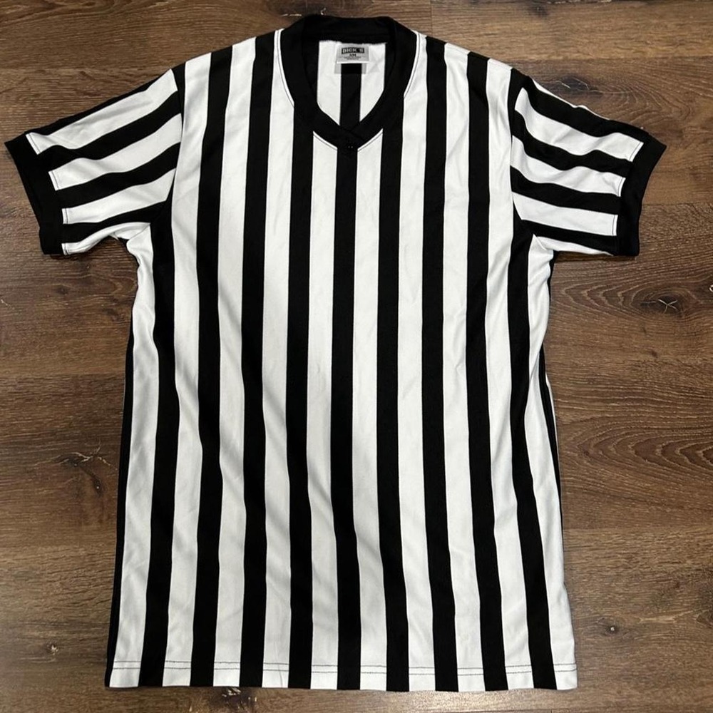 Dicks Sporting Goods Referee Jersey Mens Small Black White Striped V-Neck Shirt